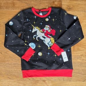 NWT Fifth Sun Black and Red Christmas Holiday Sweater with Santa on Unicorn.